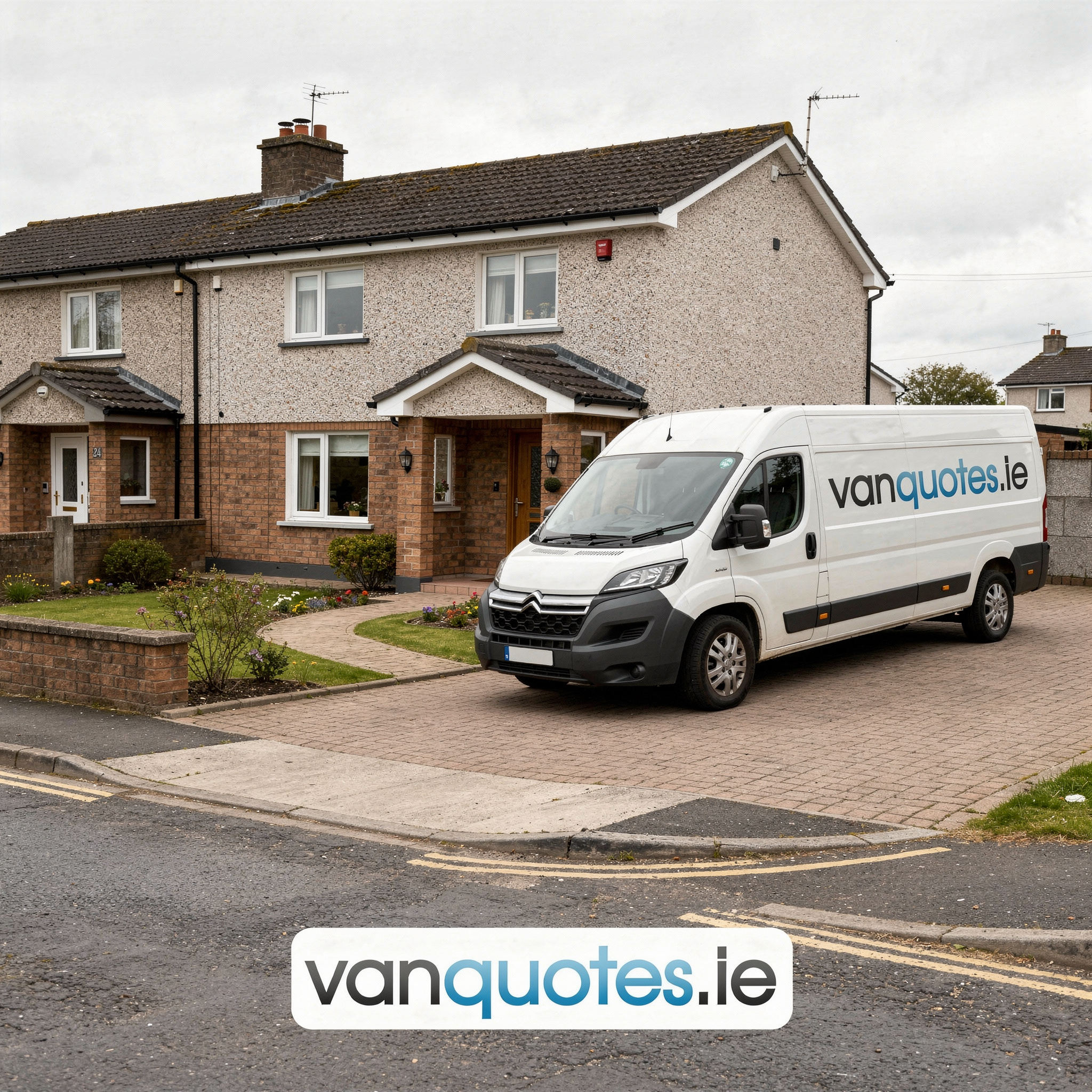 Large moving van parked outside an Irish two-bed semi-detached house